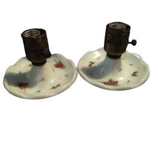 Roses Vintage milk glass lamps pair of candlestick working white lamps victorian